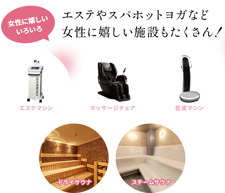 エステやスパホットヨガなど女性に嬉しい施設もたくさん！
